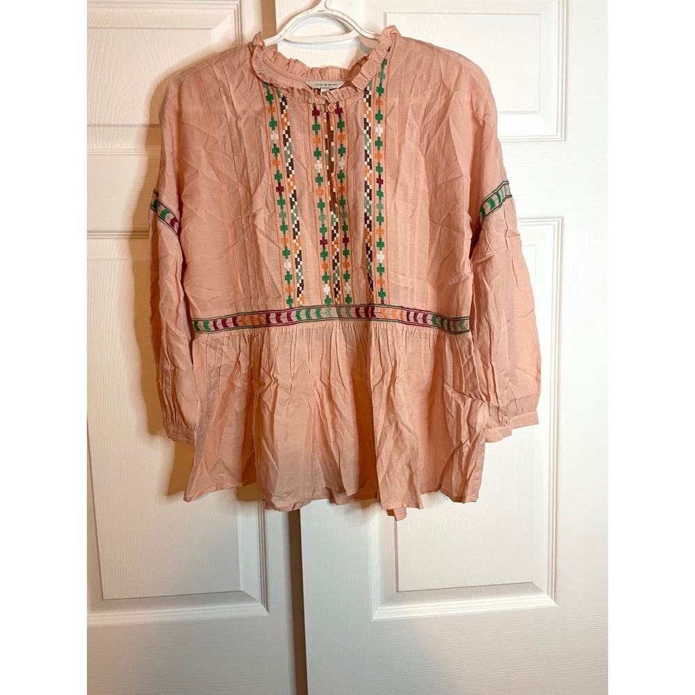 Lucky Brand Peach Embroidered Peasant Blouse Peplum Top Medium